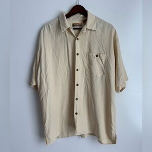 Bobby Chan Butter Yellow 100% Silk Wooden Button Down Hawaiian‎ Shirt Men Large
